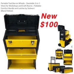 New Portable Tool Box on Wheels - Stackable 3-in-1 Chest for Workshops and Craft Rooms - Foldable Comfort Handle and Latches by Stalwart $100 