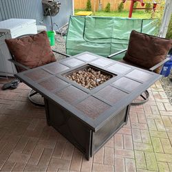 3 Piece Outdoor Fire Pit Chat Set - Tile Top Fire Table & 2 Swivel Rocker Chairs