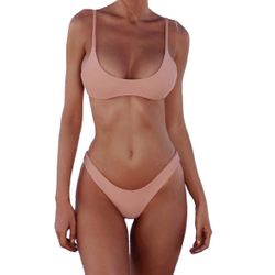 SherryDC Women's Solid Scoop Neck  Padded Brazilian Thong Bikini Swimsuit,Nude,(US 8-10)L