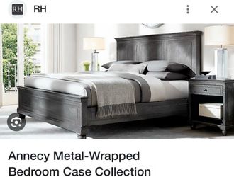 RH RESTORATION HARDWARE CALIFORNIA KING ANNECY METAL-WRAPPED BED WITH FOOTBOARD