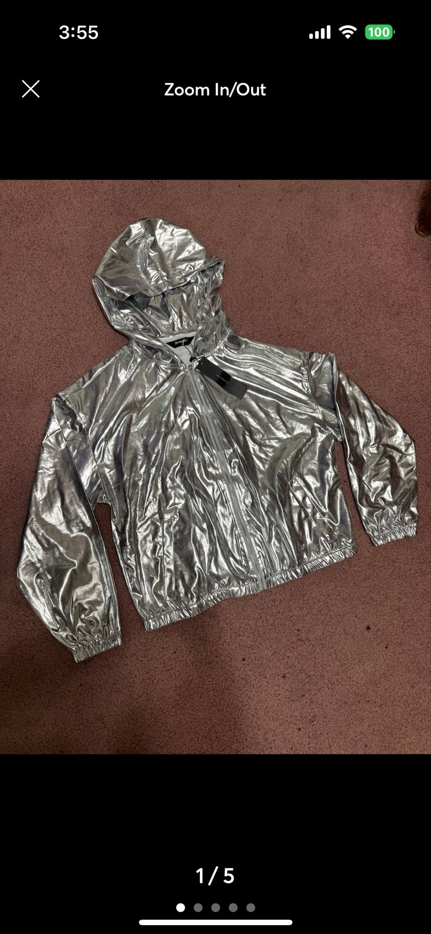 New Medium Silver Metallic Short Festival Jacket Coat Hoodie Shirt Outfit