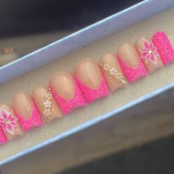 Short square Press on nails rhinestones acrylic flowers pink glitter French tip