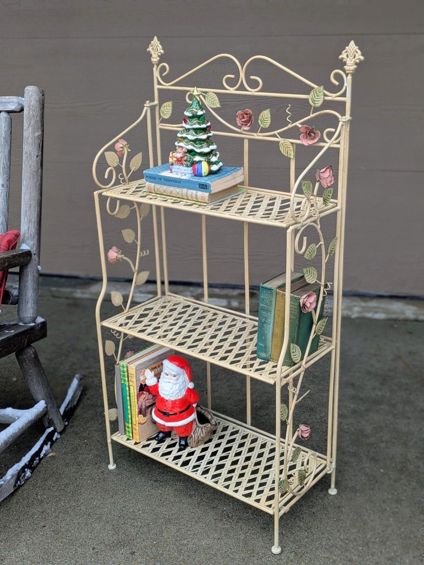 Vintage Italian Hollywood Regency Wrought Iron Ornate Roses Woven Heavy Folding Three Tiered Shelf