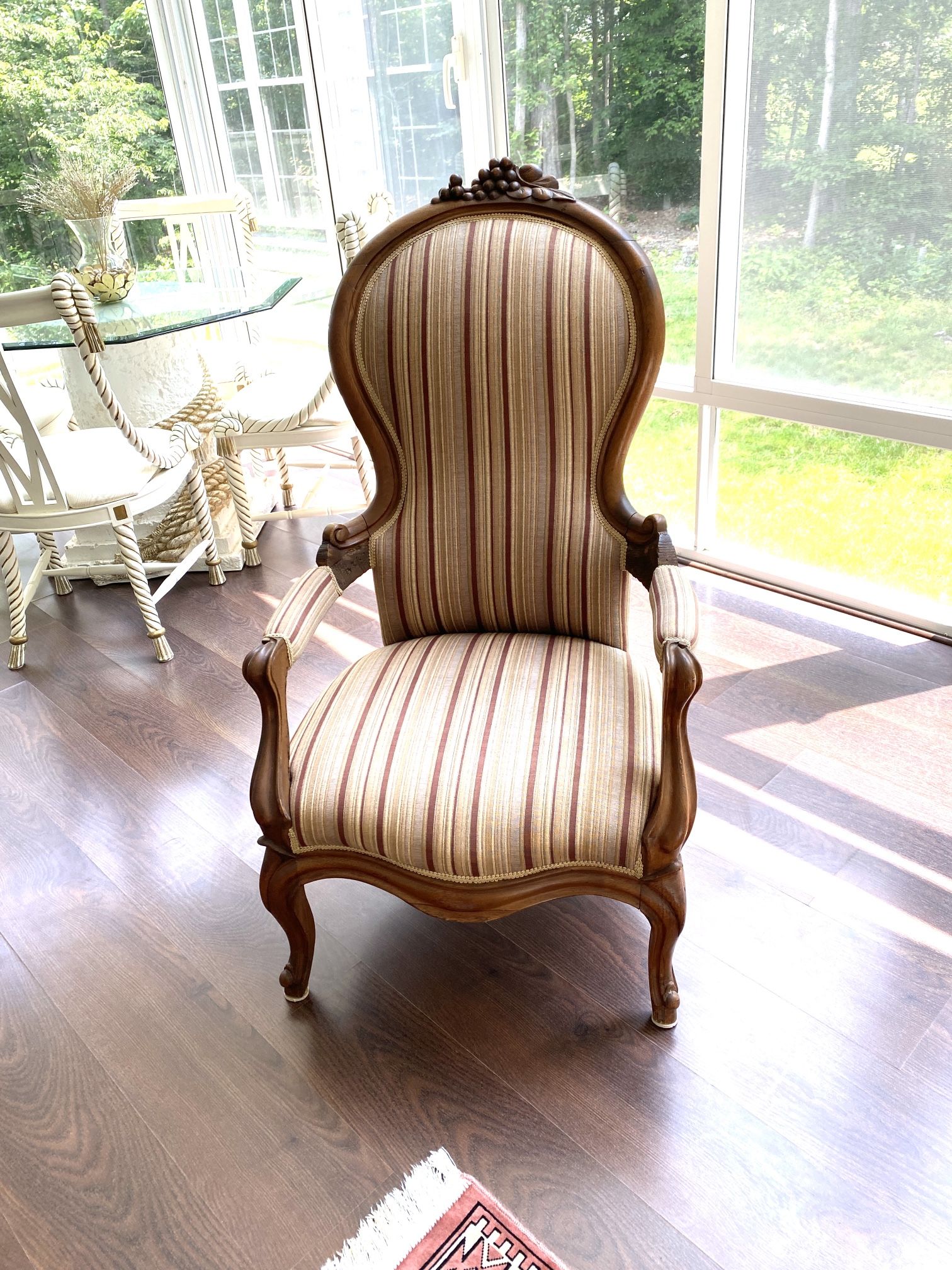 Late 20th Century Victorian Style Carved Wood High Back Upholstered Bergere Chair by Mark Rochford Upholstery