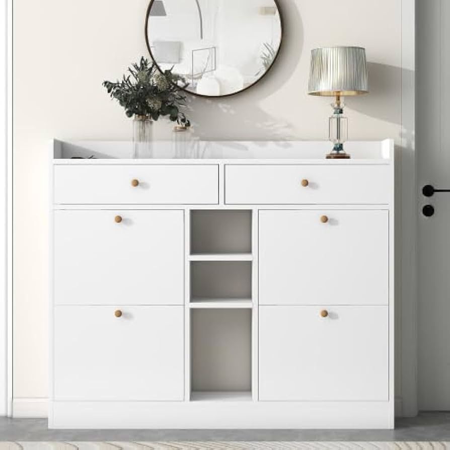 Modern Shoe Cabinet with 4 Flip Drawers, Multifunctional 2-Tier Shoe Storage Organizer with Drawers, Free Standing Shoe Rack for Entrance Hallway, Whi