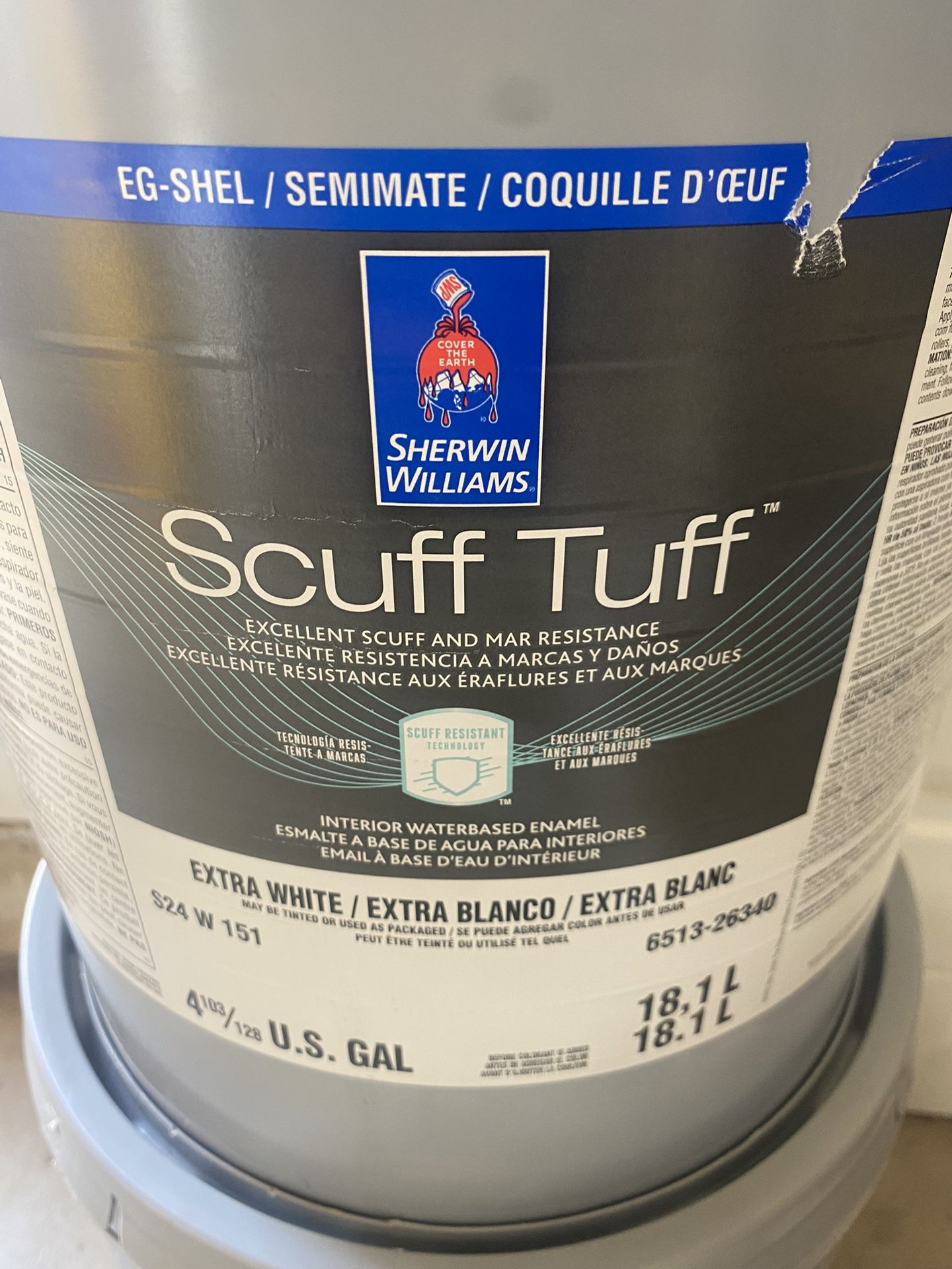 Sherwin Williams , Five Gallons, Scuff Tuff, Waterbased Enamel, Pure White Paint.