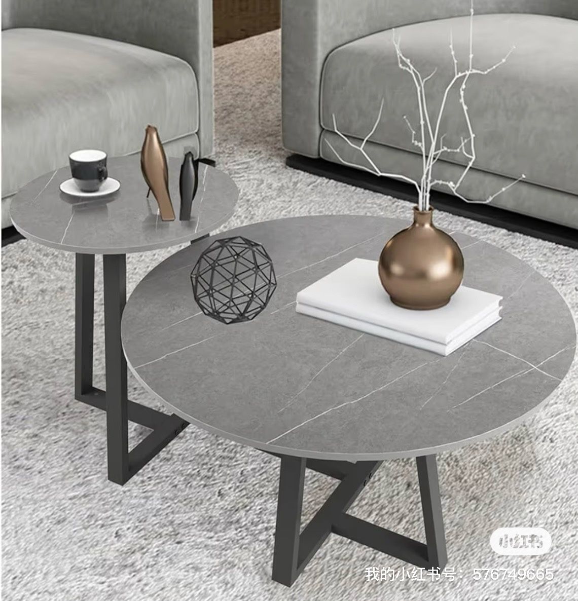 Round Modern Marble Nesting Coffee Set of 2, Stacking Living Room Accent Tables Furniture Sintered Stone Tabletop End Table, Dining Table