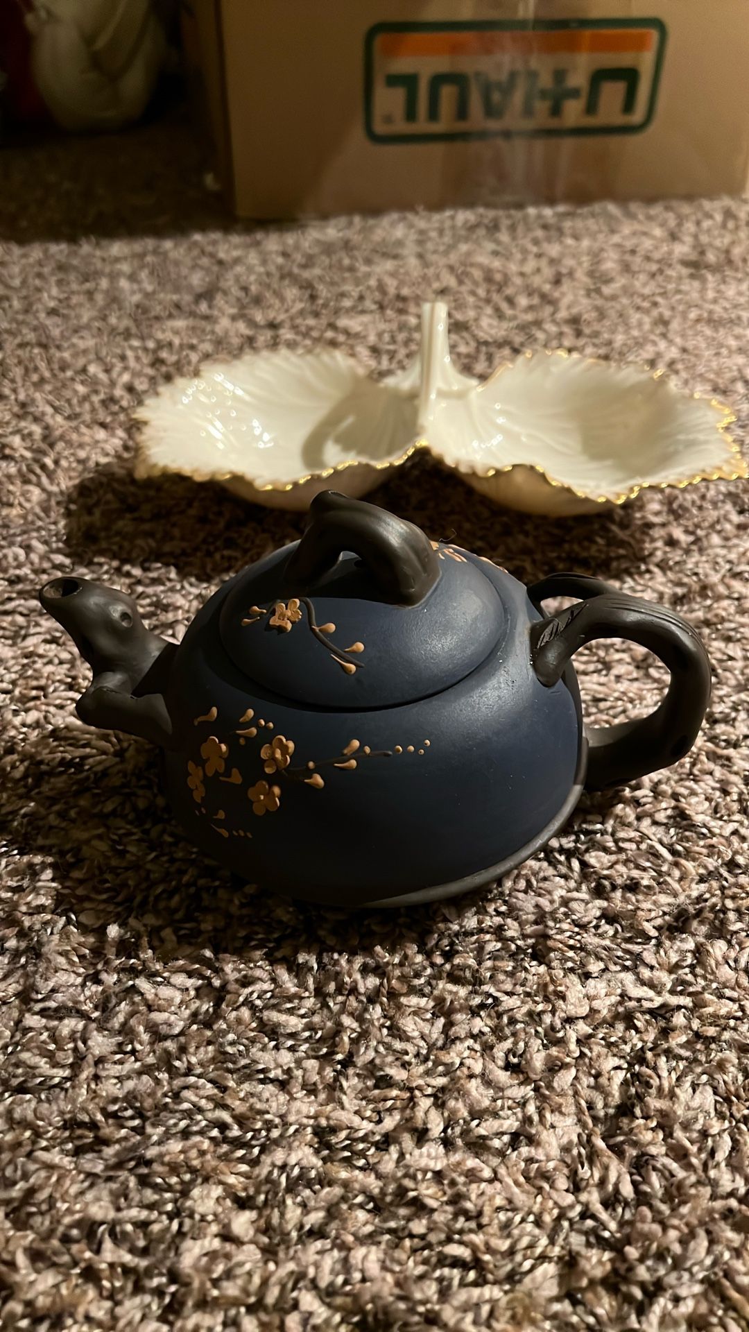 Asian Chinese clay YiXing Blue Branches Blossoms Pottery Teapot