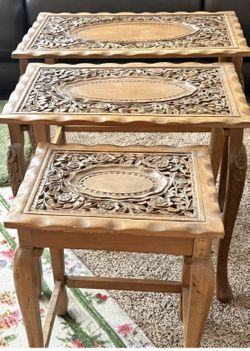 Vintage Hand-Carved Wood Nesting Tables (Set of 3) Gorgeous Detail!