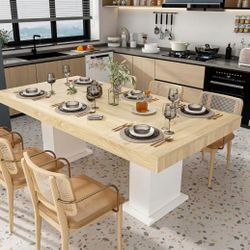 FUFU&GAGA
Wooden Grain Color Wood 78.7 in. Width Rectangle Double Pedestal Dining Table, Meeting Table for 8