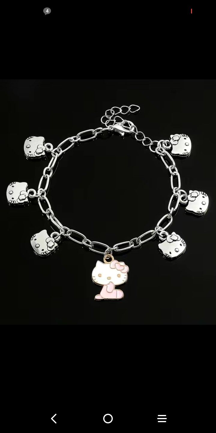 SALE Hello Kitty Sanrio Silvertone Bracelet with Silver Kitty Charms & a Centered Enamel Pink Kitty Charm