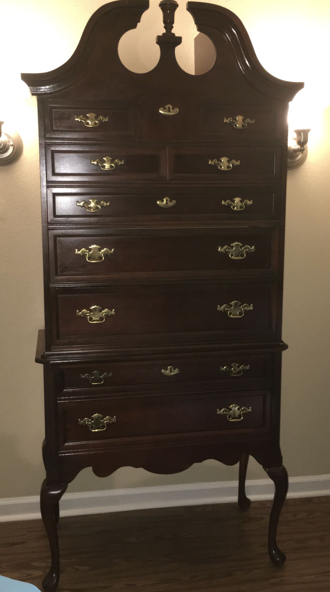 Queen Anne Highboy Cherry Wood Chest on Chest Tall Dresser by Bassett 8 Drawers Furniture