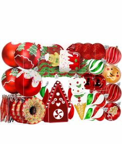 Shatterproof 86-piece plastic decorative bauble set for holiday trees.
