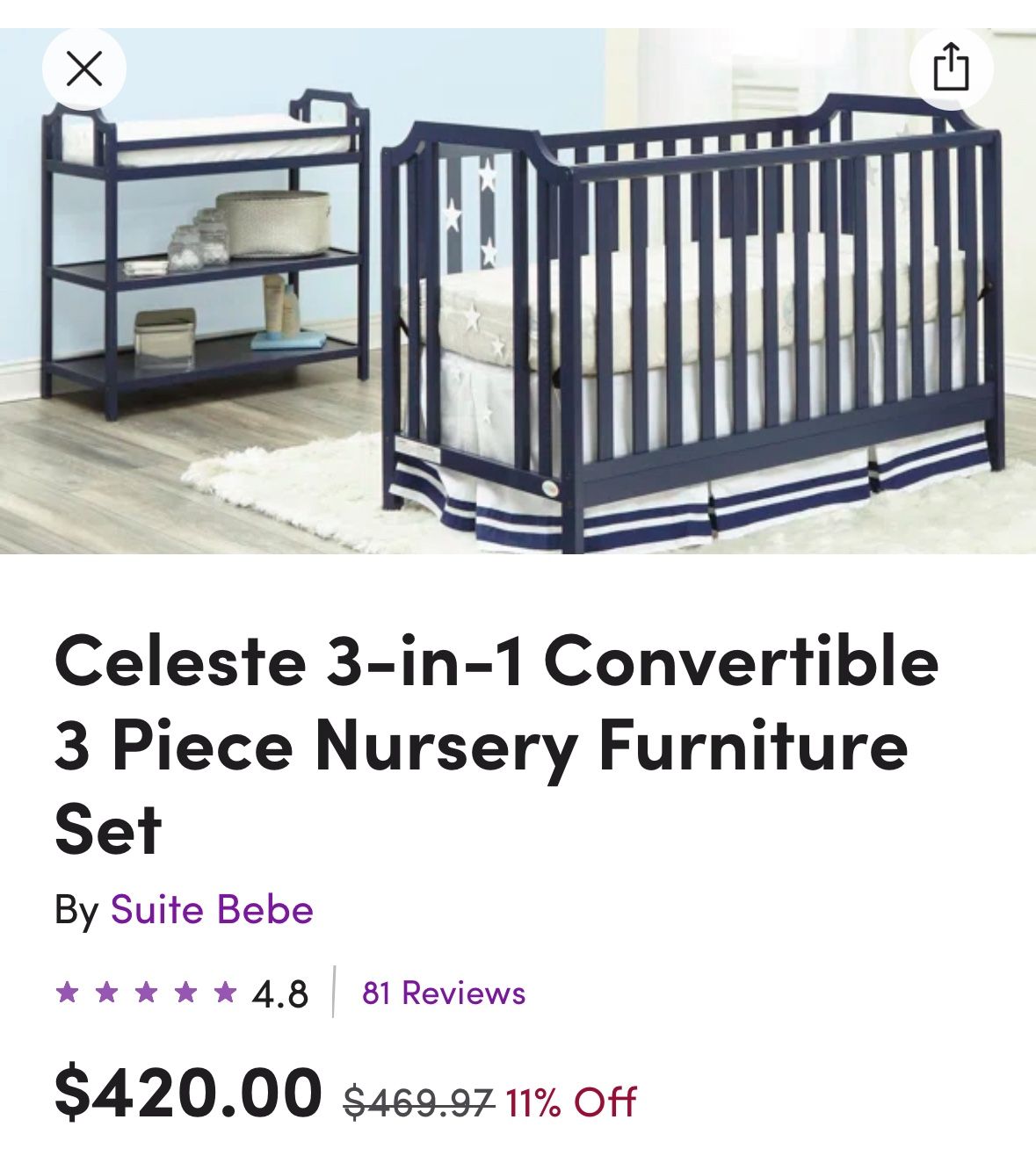 Baby Crib & Changing Table - Celeste 3-in-1 Convertible 3 Piece Nursery Furniture Set