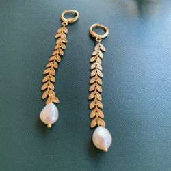 Women Wheat Earrings | Golden Dangle Earrings | 14k Gold Plated Earrings | Vintage Earrings | Baroque Pearls Earrings | Gift for Her