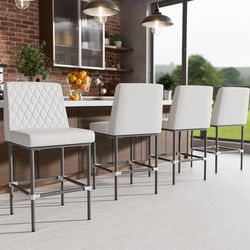 Industrial Counter Height Bar Stools Set of 4, 26 Inch White Leather Bar Stools for Kitchen Island with Back, Upholstered Seat and Painted Metal Frame