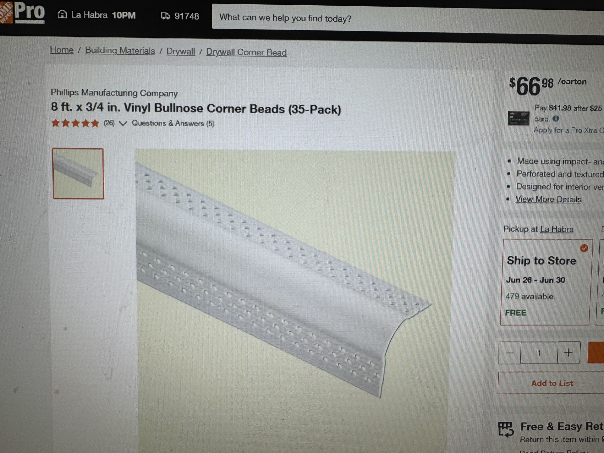 8ftx3/4 In. Vinyl Bullnose Corner Brads X21 PCs