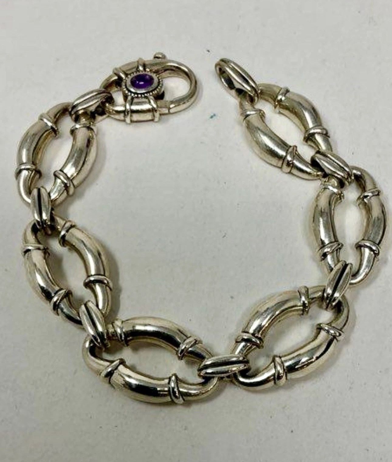 FREE SHIPPING!  SCOTT KAY 925 STERLING SILVER AMETHYST  CHUNKY OVAL LINK BRACELET 7.75”