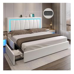 Frame & MatressDICTAC Full Bed Frame with 4 Storage Drawers & LED Lights Full LED Platform Storage Bed Frame with USB & Type-C Ports and Faux Leather 