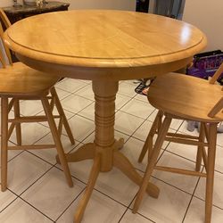 Solid Wood Table With 2 Barstools 