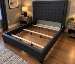 Queen Size Heavy-Duty Charcoal Gray Upholstered Bed Frame – Like New