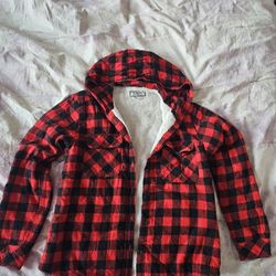 BOSTON TRADERS Flannel plush interior warm jacket coat sweater button up w/ hood Hoodie Size Small