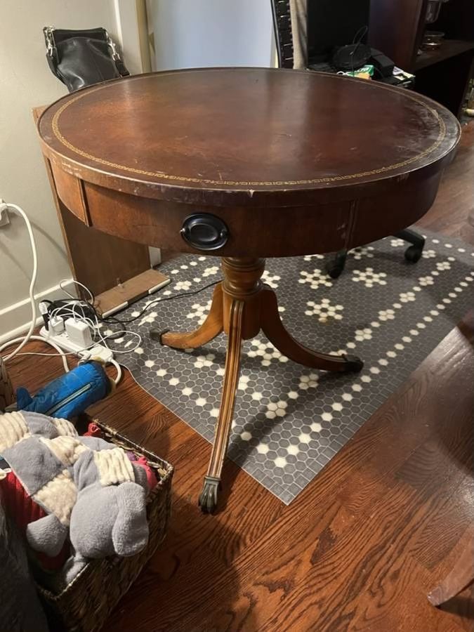 Antique Drum Table with Leather Inlay and Drawer