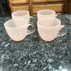 Vintage Pale Pink Glass Cups Set Of 4 with Clear Handle.  Capacity 7 Ounces.  Preowned Good Condition 