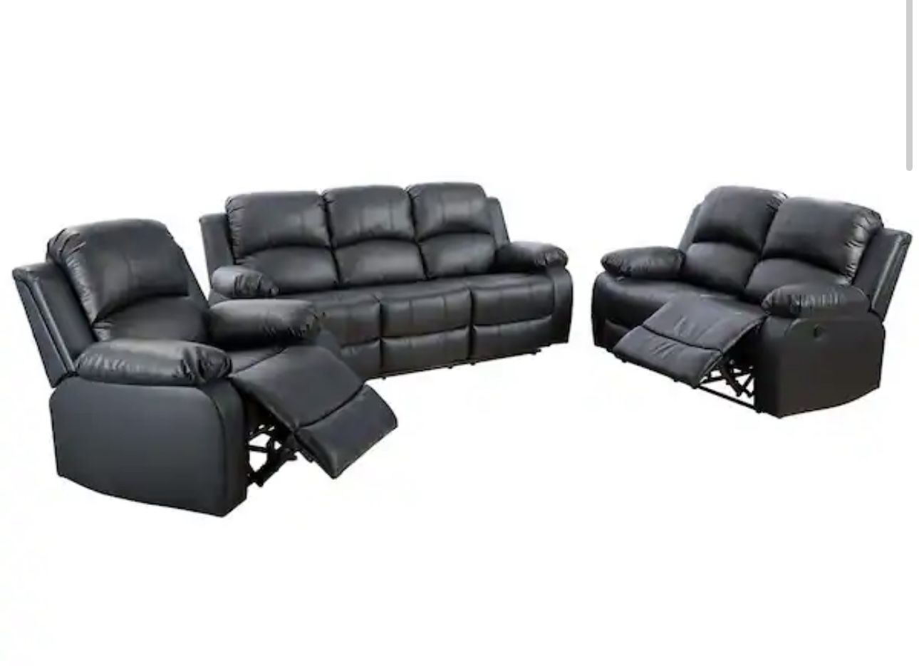 New Black Leather Fully Reclining Three Piece Couch Set