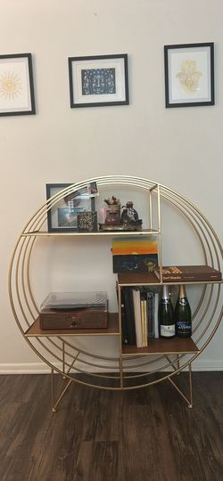 Mid-century modern gold and walnut circle book shelf