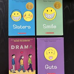 4 Books Set - Raina Telgemeier Graphic Fiction complete set: Smile, Sisters, Guts, and Drama - RARE = $10 each OR 35.00 for ALL
