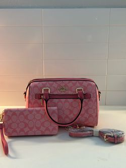 Coach Pink Signature Print Handbag & Matching Wristlet Set