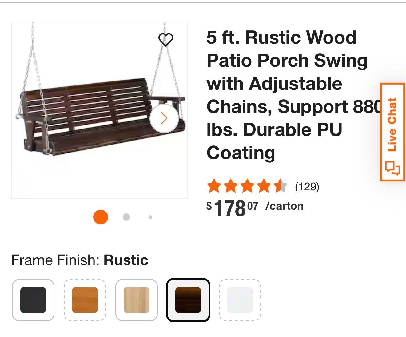 5 ft. Rustic Wood Patio Porch Swing with Adjustable Chains, Support 880 lbs. Durable PU Coating