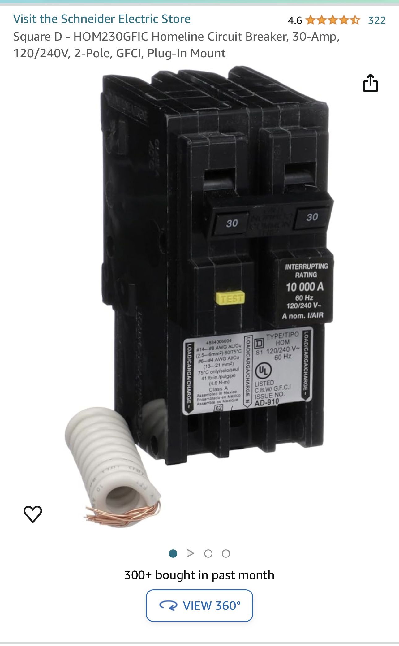 Square D - HOM230GFIC Homeline Circuit Breaker, 30-Amp, 120/240V, 2-Pole, GFCI, Plug-In Mount