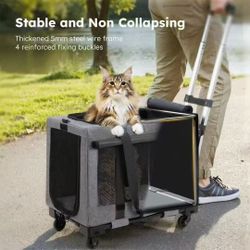 21X12X17 Cat Carrier with Wheels for Cats and Dogs, Foldable Pet Carrier, Rolling Dog Carrier with Detachable Wheels and Telescopic Handle, Zippered C