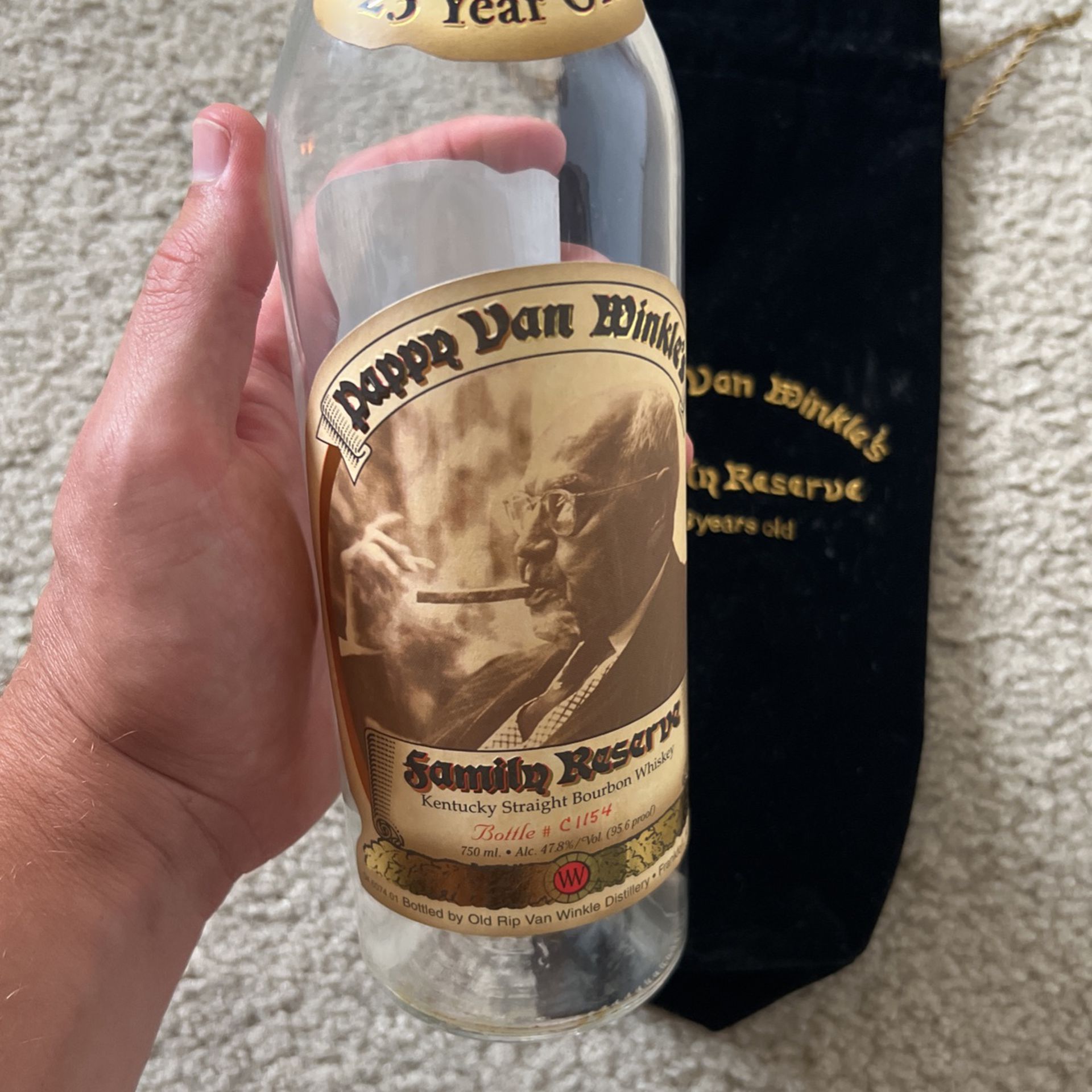 Numbered Pappy Van Winkle Family Reserve 23 Year old w/ Bag (empty Bottle)