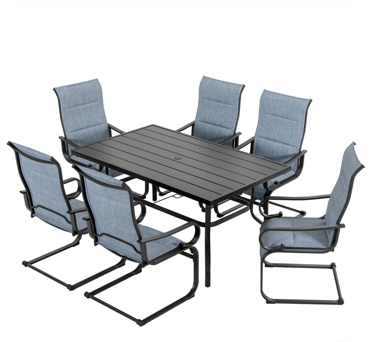 7PCS Padded Textilene Patio Dining Set with Umbrella Hole, C-Spring Motion