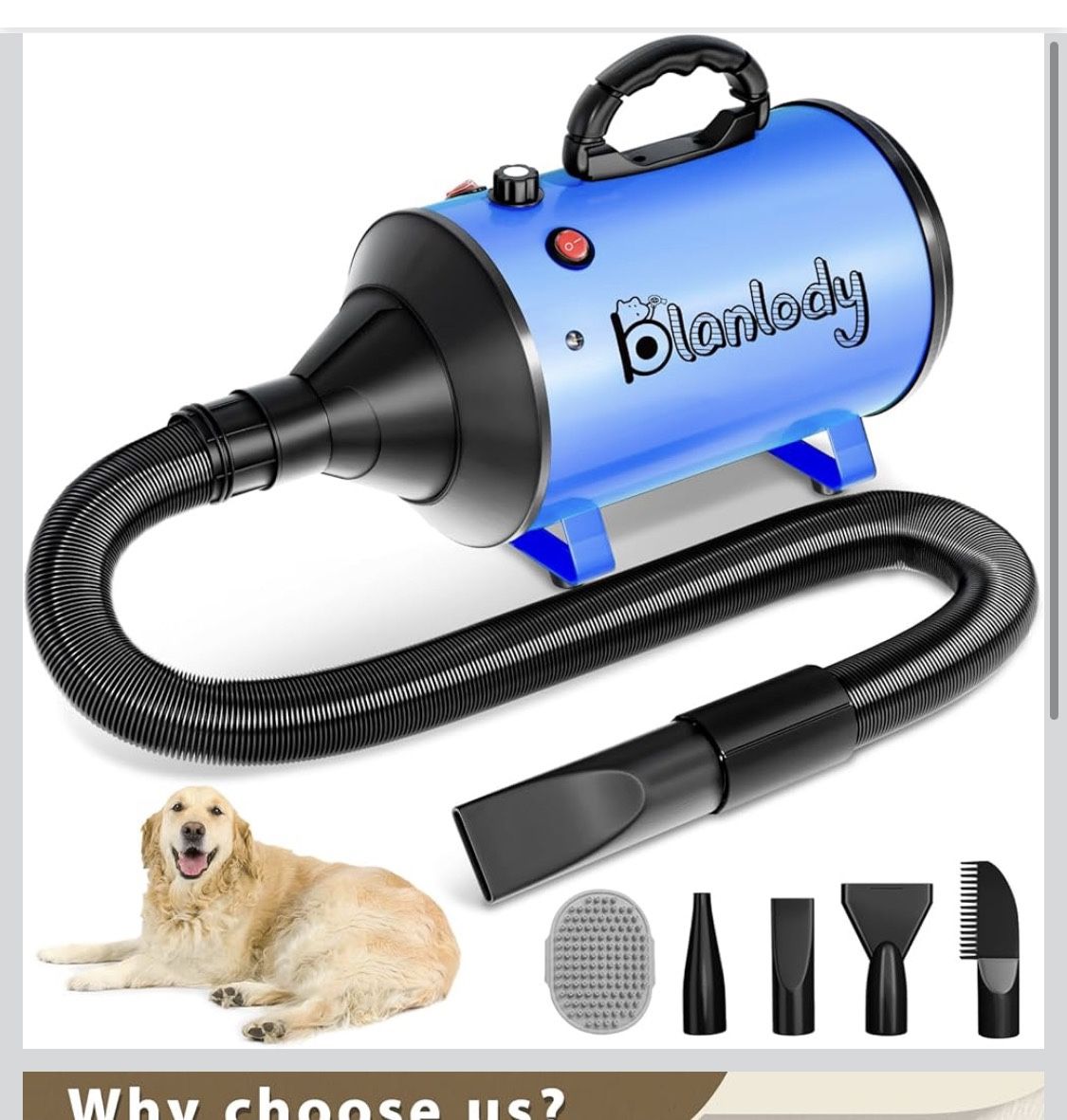 Dog Blower Grooming Dryer, Low Noise Pet Dryer Adjustable Speed and Temperature,5.2HP/ 3800W Dog Hair Dryer with Thickened Handle, High Velocity Blow 