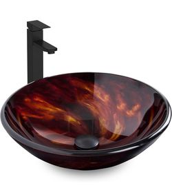 Bathroom Artistic Vessel Sink, Tempered Glass Vanity Round Bowl with Black Faucet and Pop up drain Set, Flame Red