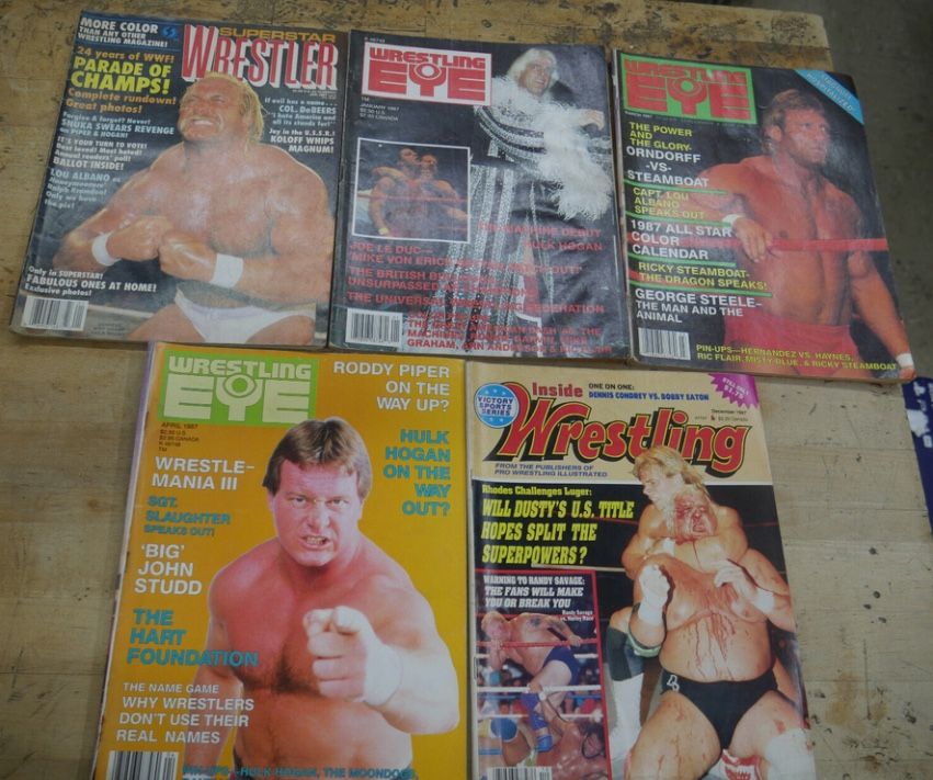 Lot 5 Vintage Wrestler Magazines 1987 mix good condition. 1) January 15 2) Wrestling Eye K48748 January 1987 3) Wrestling Eye March 1987 K487