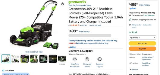 Green works Electric Lawnmower 21” 5.0Ah Battery