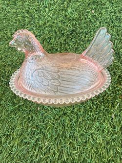 7inch Pink indiana Glass Hen on Nest Dish