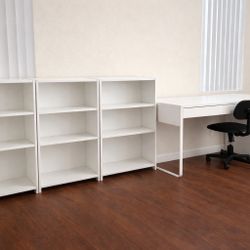 Modern White Office Set – Desk + Chair + 3 Shelves (Bundle Deal)