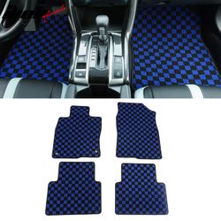 Fits 2016-2021 Honda Civic Anti-slip Floor Mats Checkered Carpets Black Blue Plaid