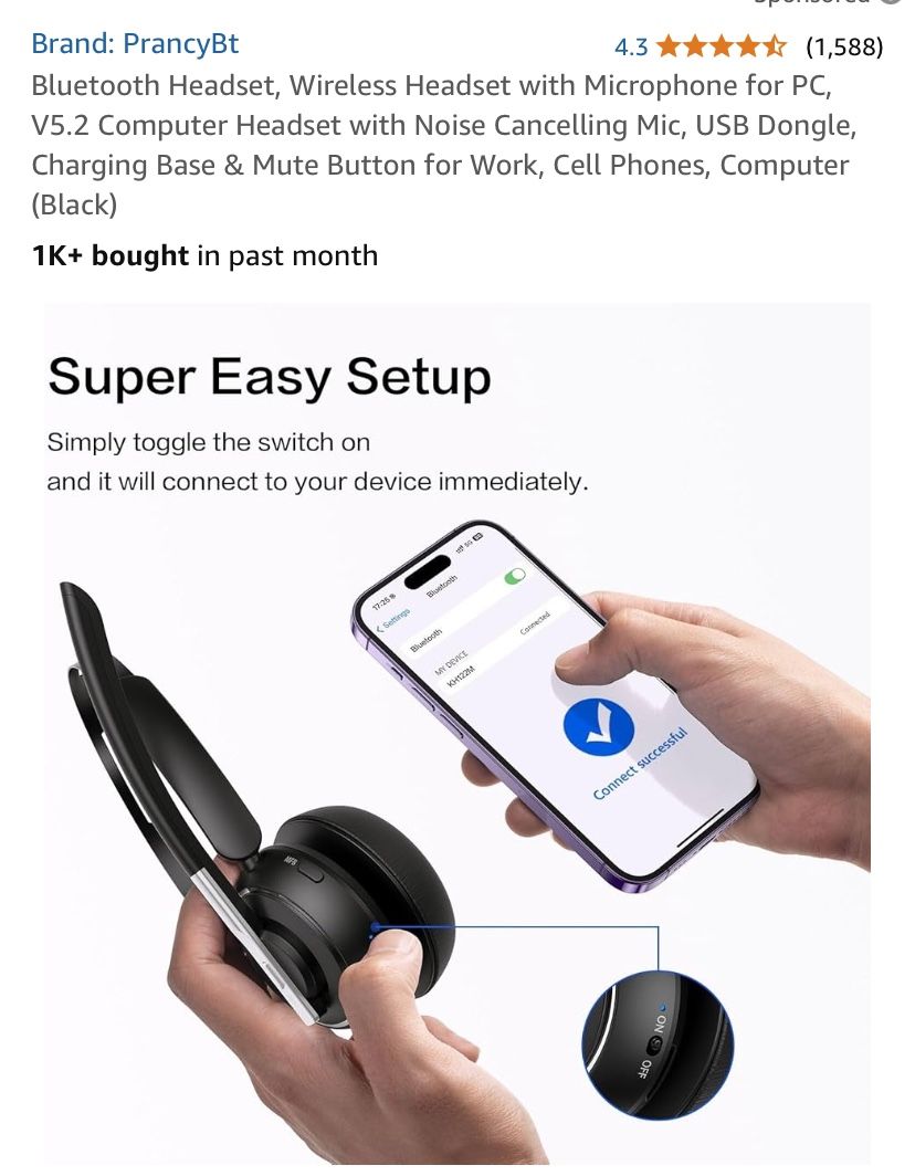 Bluetooth Headset, Wireless Headset wi for PC, Microphone Computer Headset with Noise Cancelling Mic,