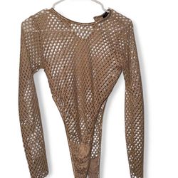 Tan mesh bodysuit with lace details 