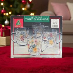 VTG Share the Joy Glass Mugs Christmas Bears Stars Ornaments Set of 4 NIB