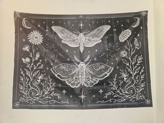 Celestial Crescent Moon Moths & Floral Design Tapestry wall decor wall hanging