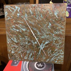 Copper Metal  Clock. With Aqua and white  Paint Measures 16x16