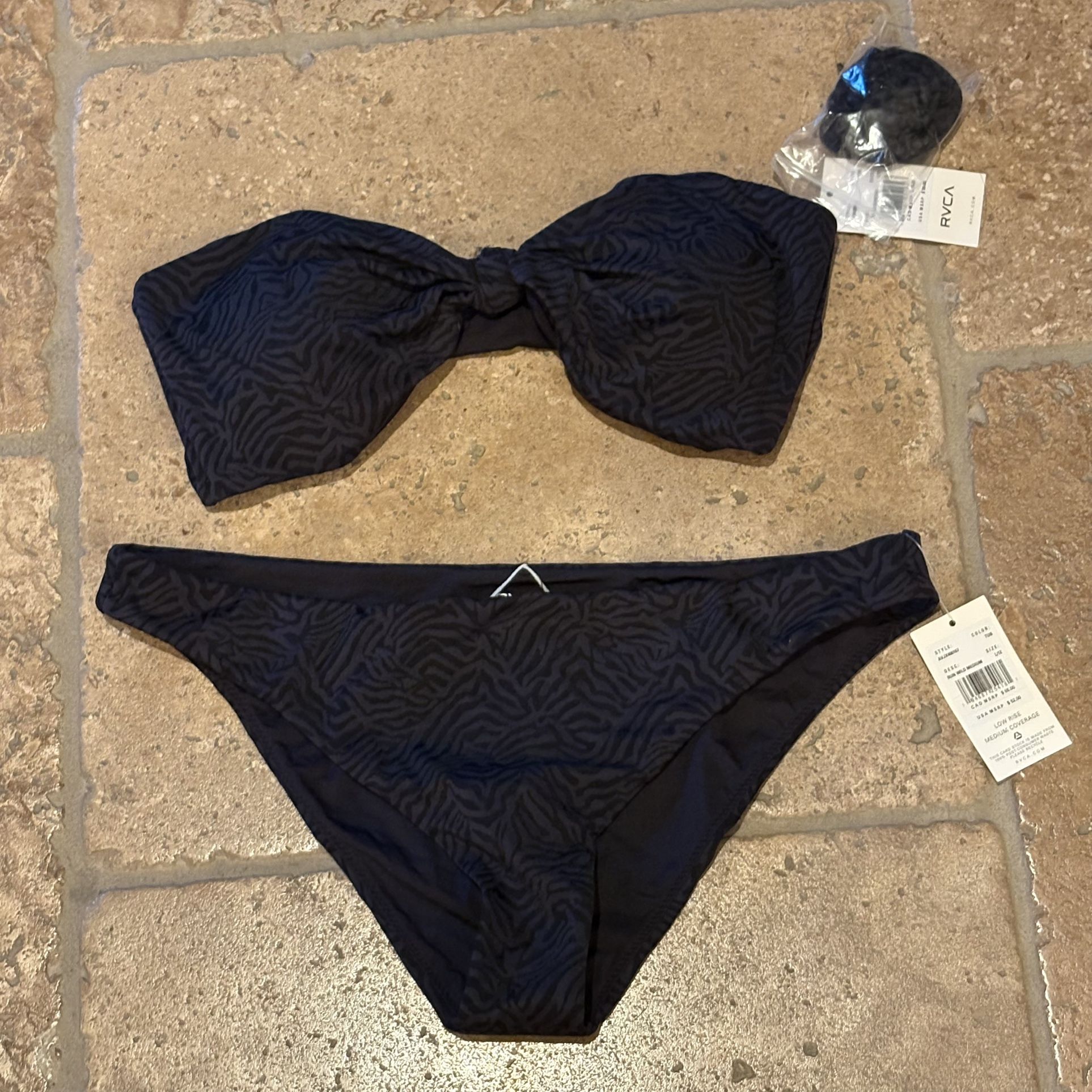 NWT~RVCA Women's Black Patterned Run Wild Bandeau Low Rise Bikini Set Size L/12